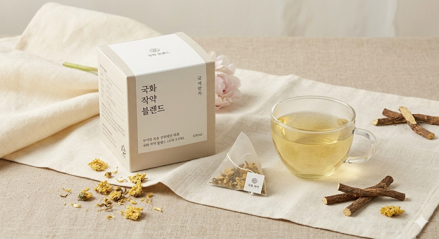 Calming Day 제품과 티백, 우린 차를 담은 이미지